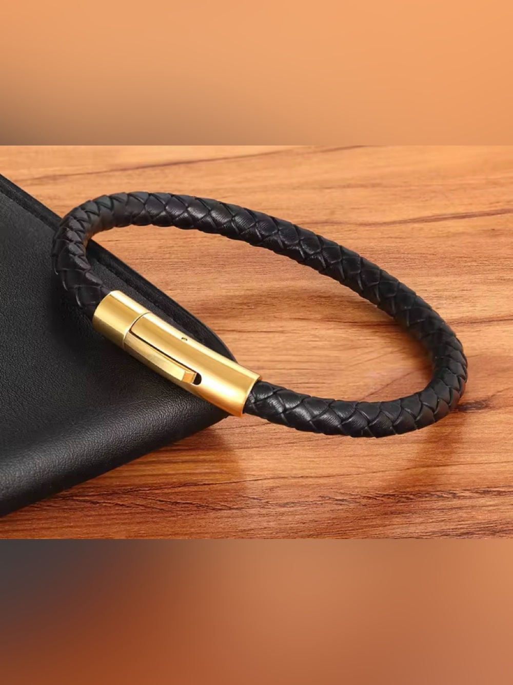 Men’s Boy Black Braided Leather Wrap Bracelet Gold Clasp Simple Minimalist